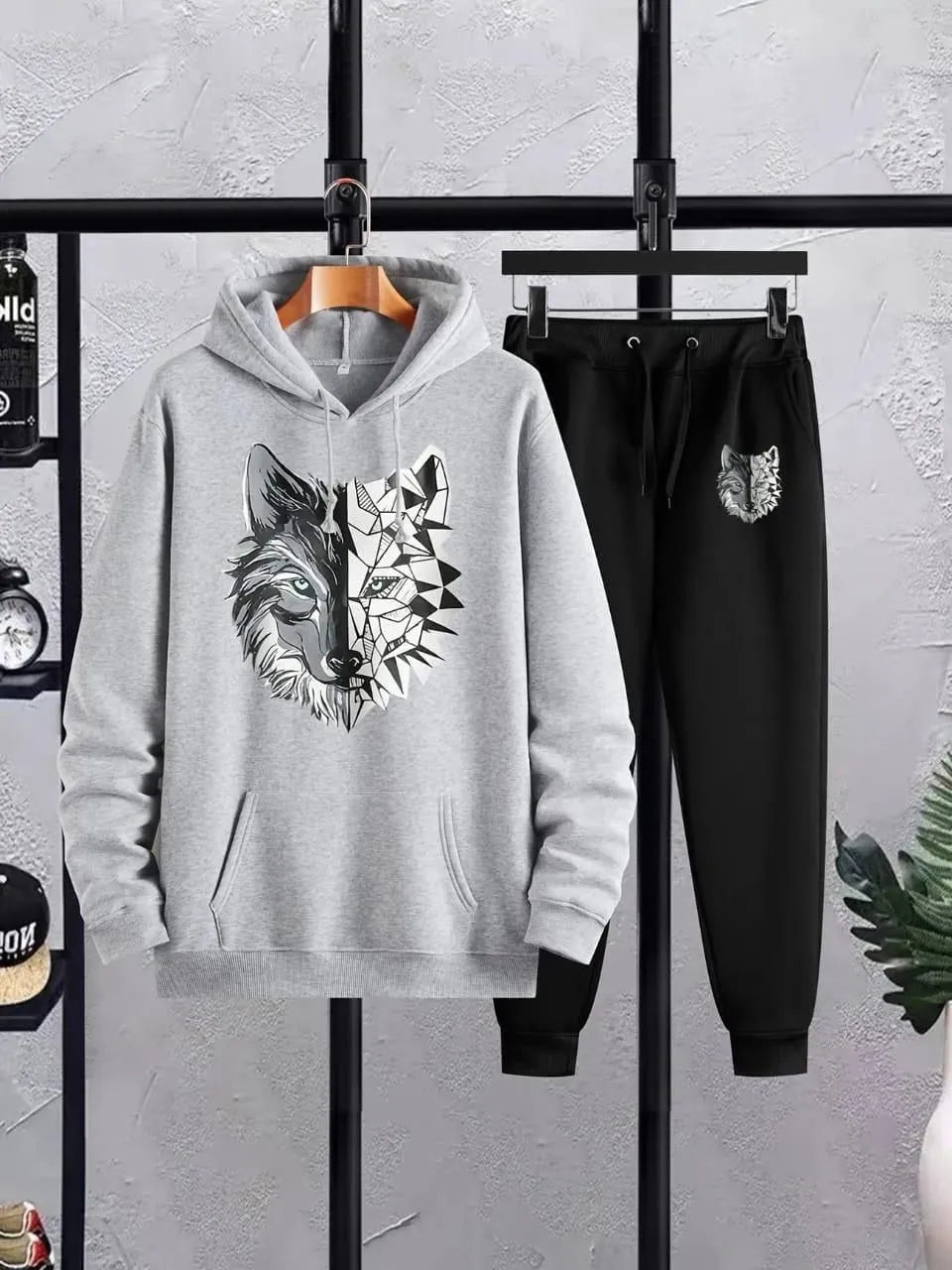 Men's Black Printed Fleece Hoodie Track Suit - 2 Pcs, Wolf