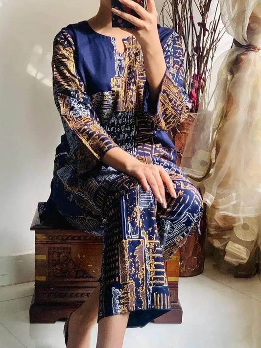 2Pcs Women Stitched Linen Block Printed Suit