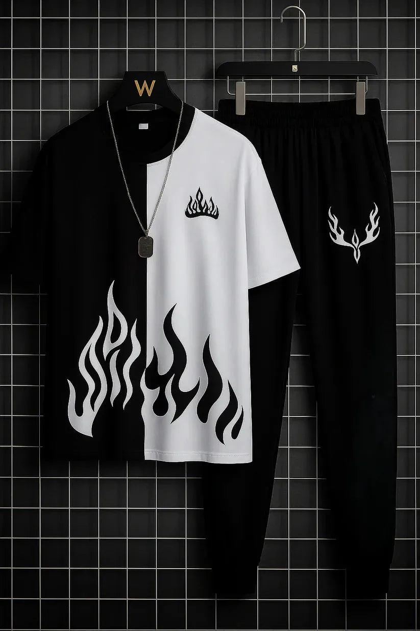Mens 2pc  Micro Plain Premium Fire Printed Tracksuit (TROUSER+SHIRT)