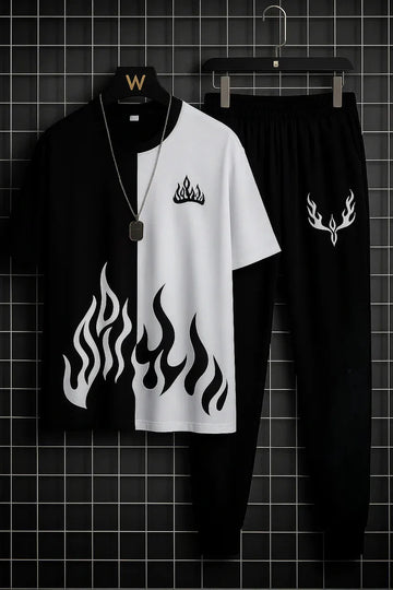 Mens 2pc  Micro Plain Premium Fire Printed Tracksuit (TROUSER+SHIRT)