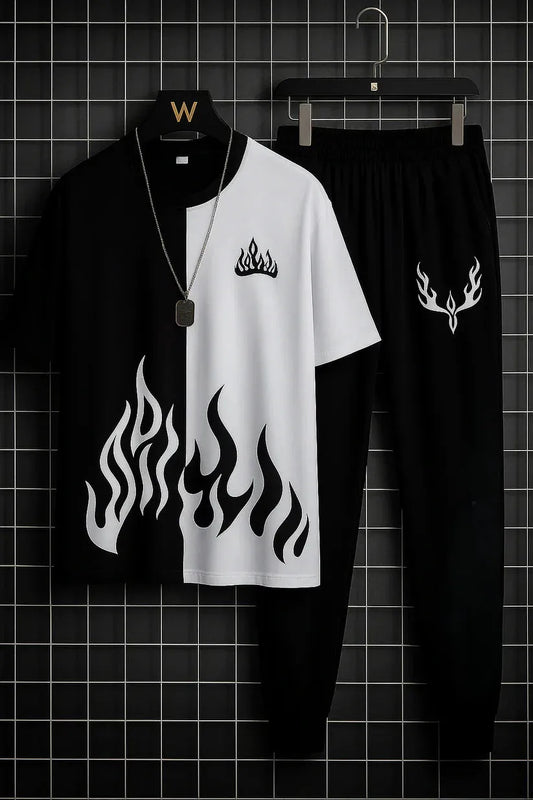 Mens 2pc  Micro Plain Premium Fire Printed Tracksuit (TROUSER+SHIRT)